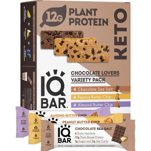 IQBAR Brain and Body Keto Protein Bars - Chocolate Lovers Variety Keto Bars - 12-Count Energy Bar Pack - Low Carb Bars - High Fiber, Gluten Free and Low Sugar Meal Replacement Bars - Vegan Snacks