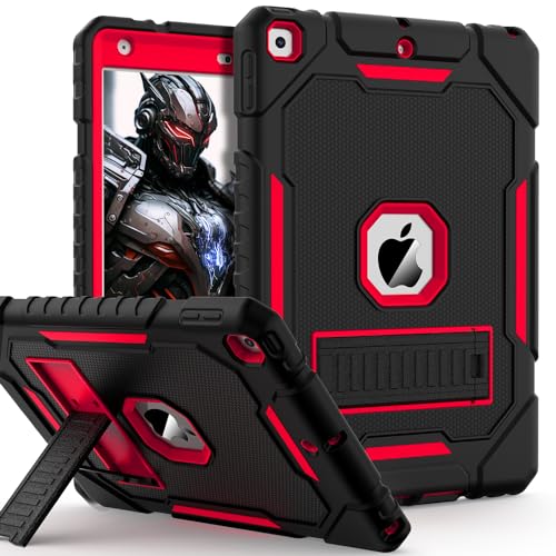 ZoneFoker Case for iPad 9th/8th/7th Generation 2021/2020/2019(10.2 inch), Heavy Duty Military Grade Shockproof Rugged Protective 10.2' Cover with Built-in Stand for iPad 9 8 7 Gen (Black+Red)