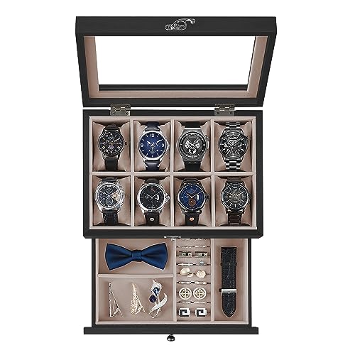 SONGMICS 8-Slot Watch Box, 2-Tier Watch Display Case with Large Glass Lid, Removable Watch Pillows, Velvet Lining, Jewelry Box, Gift Idea, Ebony Black UJOW008B01