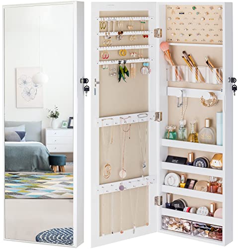 LUXFURNI Mirror Jewelry Cabinet Wall-Mount/Door-Hanging Armoire, Full length Mirror Lockable Makeup Storage Organizer w/Cosmetic Box (White)