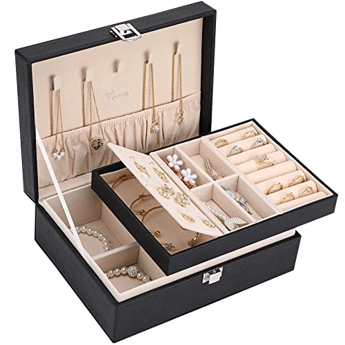 Voova Jewelry Box Organizer for Women Girls, 2 Layer Large Men Jewelry Storage Case, PU Leather Display Jewellery Holder with Removable Tray for Necklace Earrings Rings Bracelets, Vintage Gift, Black