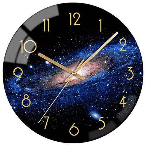 VIKMARI Black Wall Clock 12 Inch Round Silent Non-Ticking Quartz Battery Operated Wall Clocks Glass Night Sky Pattern Decorative Arabic Numerial Clock for Kitchen Living Room Dining Room and Bedroom
