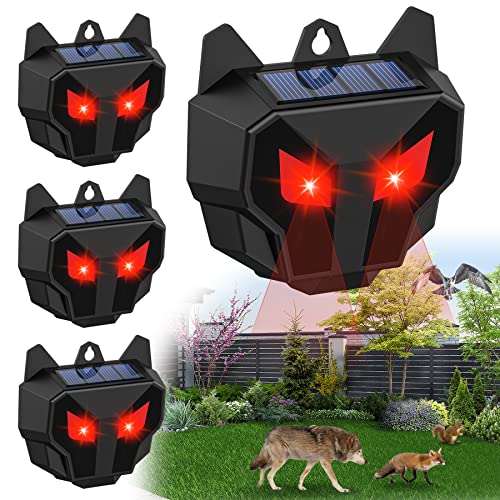4 Pack Solar Ultrasonic Animal Repeller Outdoor, Raccoon Deterrent with Red Lights, Waterproof Wild Nocturnal Animals Deer Squirrel Repellent for Predator, Chicken Coop, Cat, Skunk, Wolf, Coyote, Fox