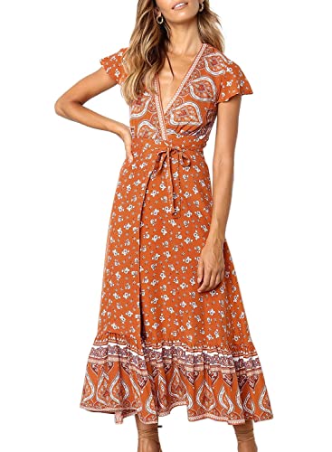 ZESICA Women's 2023 Bohemian Floral Printed Wrap V Neck Short Sleeve Split Beach Party Maxi Dress,Tangerine,Medium