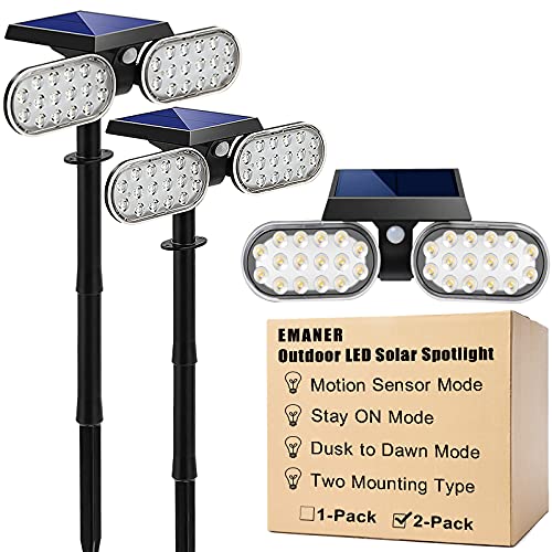 EMANER Motion Solar Lights Outdoor, Solar Floodlight, Stay On or Motion Sensor Mode, Dusk to Dawn Security Lights, Wireless Landscape Spotlights for Garage Fence Driveway Porch Solar Powered, 2-Pack