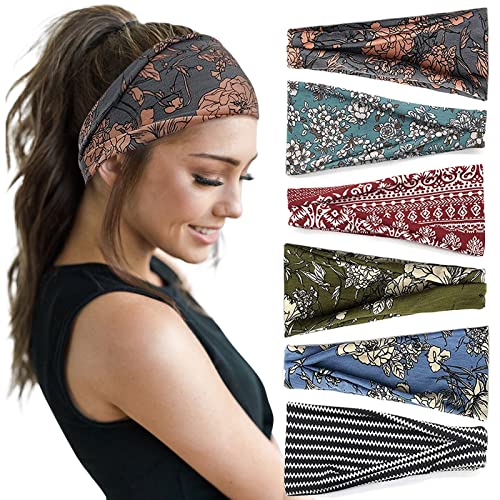Huachi Boho Headbands for Women Wide Head Bands Yoga Workout Hair Bands for Women's Hair Non Slip Summer Womens Headbands Hair Accessories 6 Pack