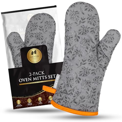 Premium Oven Mitts - 500°F Heat Resistant - Non Slip Textured Silicone Grip - Machine Washable - Flexible Soft Terry Cloth Cotton Lining - One Size Fits Most - Set of 2 by Cook'n'Chic
