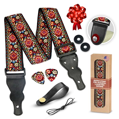 Guitar Strap For Acoustic Guitars , Electric Guitars and Bass , Red Vintage Woven Embroidered Adjustable Strap, Christmas Gift & Stocking Stuffer Includes 2 Picks + Strap Locks + Strap Button
