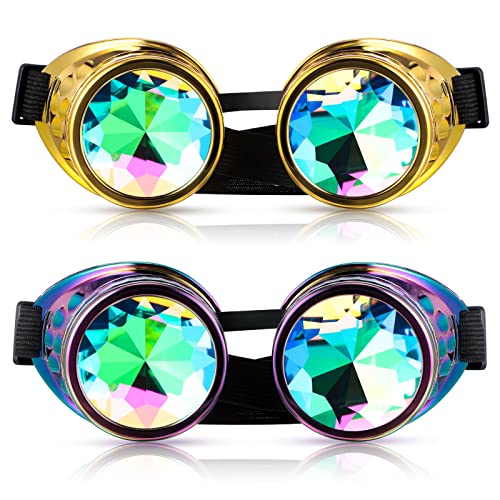 Halloween Kaleidoscope Rave Goggles 2 Pack Trippy Psychedelic Steampunk Goggles Rainbow Crystal Lenses Funky Glasses for Rave