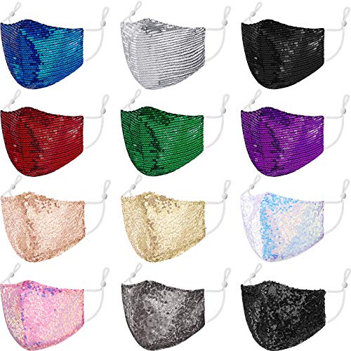 12 Pieces Glitter Sequins Mouth Covers Shiny Masquerade Mouth Covering Adjustable Reusable Face Bandana for Women Girls, 2 Styles