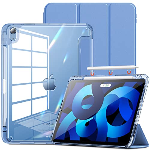 INFILAND Compatible with iPad Air 5th Generation Case 2022, iPad Air 4th Generation Case 2020 10.9 inch with Crystal Clear Back & Frame with Pencil Holder Clear Cerulean Blue