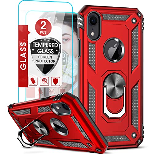 LeYi for iPhone XR Protective Case, Heavy Duty iPhone XR Case with Ring and 2PCS Screen Protector for Women Men, [Military-Grade] Shockproof Case with Magnetic Kickstand for Apple iPhone XR 10, Red