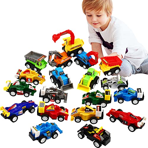 Pull Back Car, 20 Pcs Assorted Mini Truck Toy and Race Car Toy Kit Set, Play Construction Vehicle Playset for Boy Kid Child Party Favors Birthday Game Supplies Pinata Stuffers Easter Egg Hunt Fillers