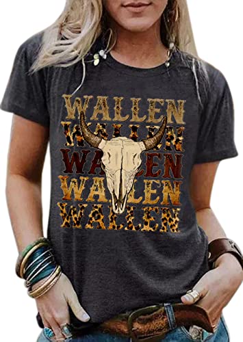 Retro Steer Skull Western T-Shirts Women Leopard Vintage Graphic Tees Country Concert Shirt Cowboy Short Sleeve Tops (Small, Dark Grey)