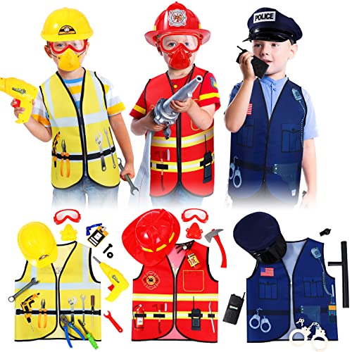 3 Sets Kids Dress Up Clothes Role Play Costumes Bulk for Kids Age 3-7, Fireman, Police and Construction Worker Vest for Toddler Boys Girls Pretend Role Accessories