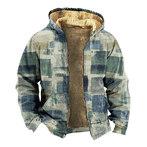WENKOMG1 Winter Fall Sweatshirt for Men Retro Style Printed Sherpa Lined Hoodies Full Zip Up Fleece Outerwear Jacket Coat,Mens Hoodies Essential Black Hoodies Comfy Y2K Hoodies(E-Blue,Small)