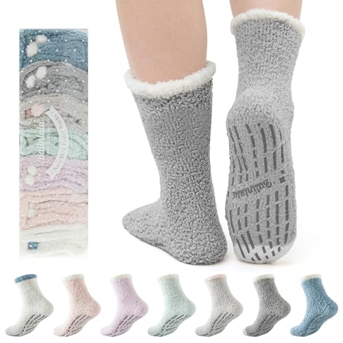 Bulinlulu Fuzzy Socks for Women Plush Size Fuzzy Socks With Grips Warm Non Slip Socks Sleep Soft Fluffy Non-Skid Slipper Socks for Christmas Day Gifts(7 Softest Grips)