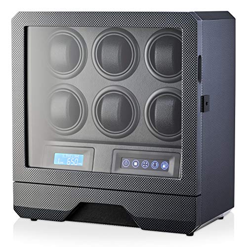 Watch Winder for 6 Automatic Watches with LED Backlight, Remote Control and Storage Drawer for Watches and Jewelry (Carbon)
