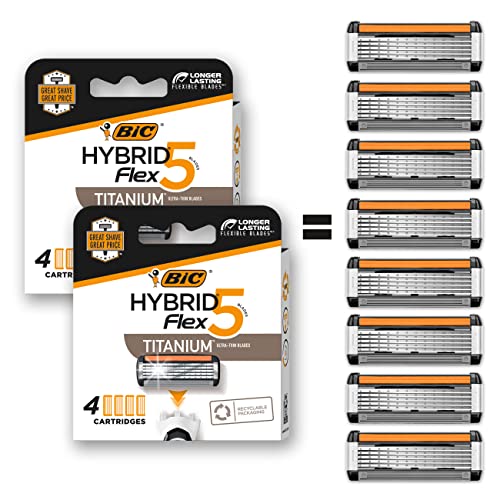 BIC Hybrid Flex 5 Disposable Razor Cartridges for Men, 5 blade razors For Sensitive Skin and a Smooth and Close Shave, Cartridge Only Set with 2 packs of 4 Cartridges each