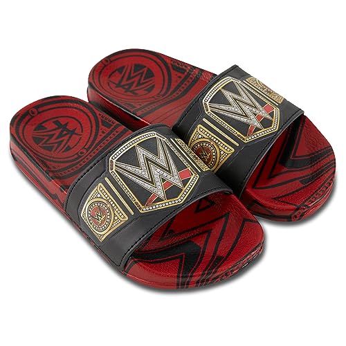 WWE Boys Championship Belt Slides - John Cena, Roman Reigns, Seth Rollins World Wrestling Champion Belt Slip On Slide Sandals (Red Black, 4)