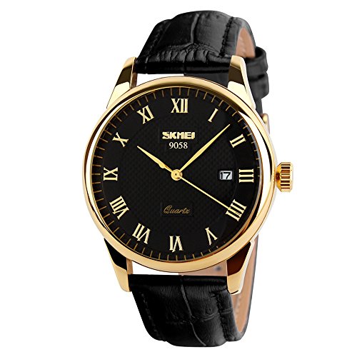 SKMEI Business Men’s Quartz Wristwatches Leather Band Roman Numeral Casual Analog Watches Water Resist (Black+Gold)