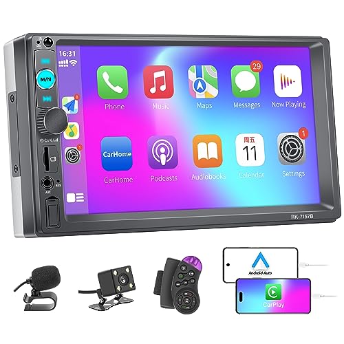Double Din Car Stereo with Apple Carplay and Android Auto, 7 inch Touchscreen Car Stereo with Backup Camera, Bluetooth Hands Free Call, Mirror Link, FM Car Radio, Car Audio Receivers USB/TF/AUX Port