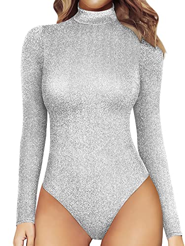 Nlife Womens Mock Turtle Neck Shiny Bodysuit Sparkly Tops Long Sleeve Bodysuits Sparkle Jumpsuit