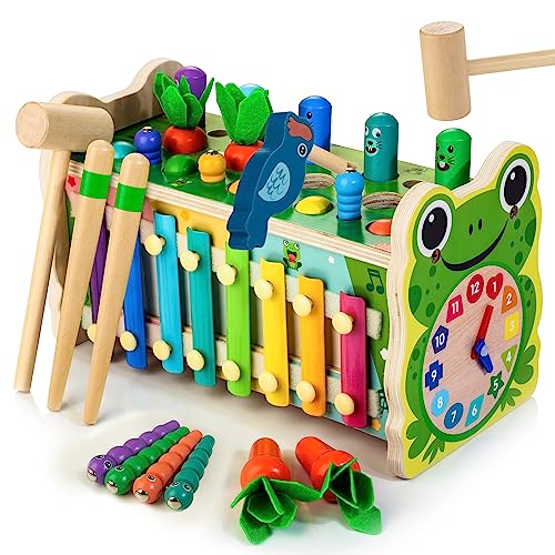 6 in 1 Wooden Montessori Toys for 1 Year Old Whack a Mole Game Hammering Pounding Toy with Xylophone Carrot Harvest Game Learning Developmental Toys Toddler Activities Gift Ages 1 2 3 4