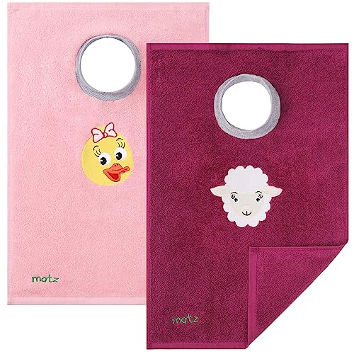 MATZ Full Coverage Ultra Absorbent Cotton Terry Towel Slip On Bib with Comfortable Ribbed Neck (Pink & plum with Duck and Sheep embroidery)