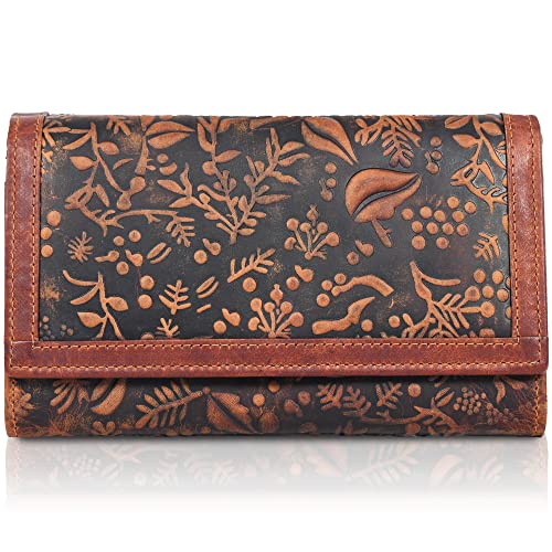 VALENCHI RFID Flower embossed Leather Wallet for Women-Multi Credit Card Slots,Mobile case Coin Purse with ID Window (VINTAGE COGNAC)