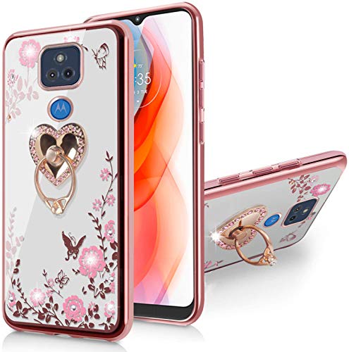 B-wishy for Moto G Play 2021 Case Glitter Crystal Butterfly Heart Floral Slim TPU Luxury Bling Cute Girls Protective Cover with Ring Holder Stand for Moto G Play 2021-Rose Gold