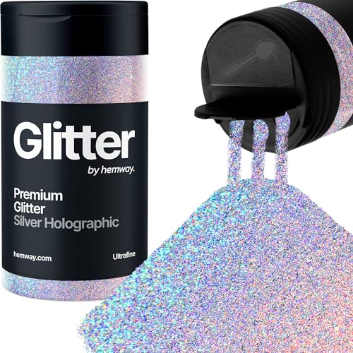 Hemway Silver Holographic Glitter Ultrafine 130g/4.6oz Powder Metallic Resin Craft Flake Shaker for Epoxy Tumblers, Hair Face Body Eye Nail Art Festival, DIY Party Decorations Paint