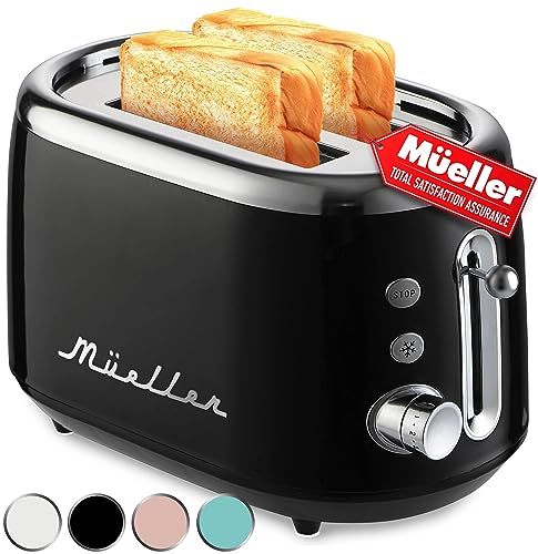 Mueller Retro Toaster 2 Slice with 7 Browning Levels and 3 Functions: Reheat, Defrost & Cancel, Stainless Steel Features, Removable Crumb Tray, Under Base Cord Storage, Black