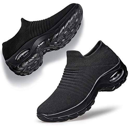 YHOON Women's Walking Shoes - Sock sneakers Slip on Mesh Platform Air Cushion Athletic Shoes Work Nurse Comfortable Black 8