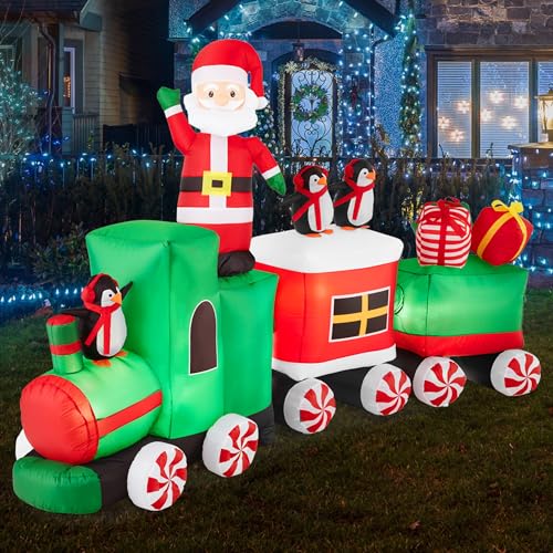 Best Choice Products 8.5 x 5ft Lighted Inflatable Christmas Train & Animated Santa, Large Outdoor Holiday Decor w/LED Lights, Penguins, Candy Cane Wheels, Gifts