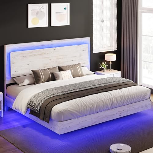 AMERLIFE King Bed Frame, Farmhouse Floating Bed Frame with Recline Headboard, Platform Bed with LED Light, No Box Spring Needed/Noise Free, Distressed White