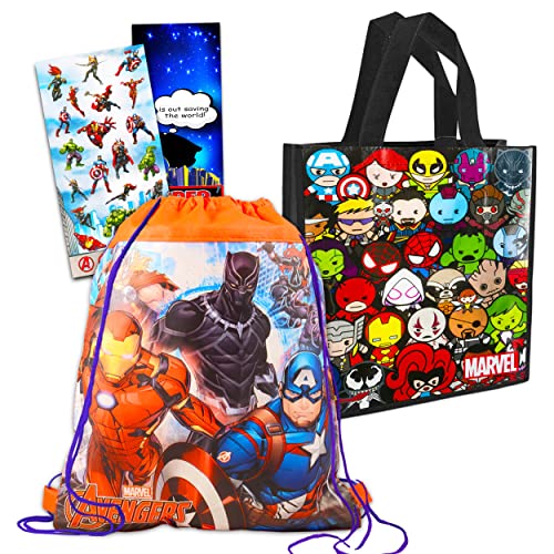 Marvel Avengers Tote Bag and Drawstring Bag Set Superhero Bag Bundle - 2 Pack Avengers Travel Bags Featuring Iron Man, Black Panther, Captain America, and More with Avengers Stickers