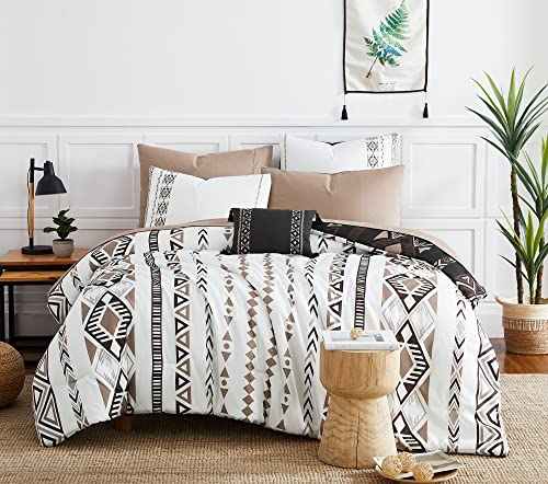 Geniospin Queen Comforter Set, Boho Aztec Comforter Set 8 Pieces, All Season Reversible Bed in A Bag, Soft Microfiber Fill Bedding, Lightweight, Warm and Breathable (Brown, 90'x90')