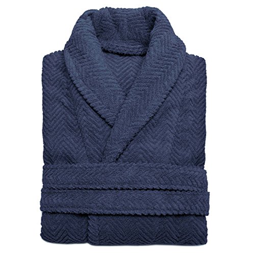 Linum Home Textiles Unisex Herringbone Weave Bathrobe 100% Authentic Turkish Cotton Luxury Spa Hotel Collection, L/XL, Midnight Blue