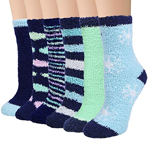 YSense 6 Pairs Womens Cozy Soft Fuzzy Fluffy Crew Slipper Socks-Blue, Medium