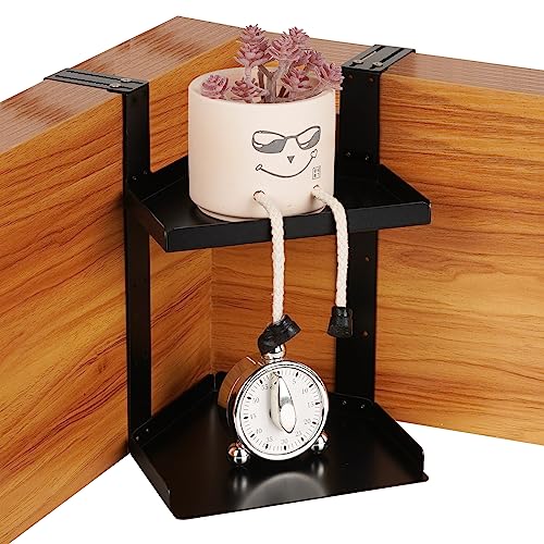 Lilithye 2 Layers Office Cubicle Shelf Height Adjustable Cubicle Floating Corner Shelf Hanging Cubicle Storage Organizer Rack with Adjustable Hangers for Office Decor (Black)