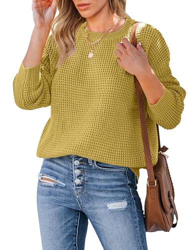 MEROKEETY Women's 2023 Long Sleeve Waffle Knit Sweater Crew Neck Solid Color Pullover Jumper Tops Mustard