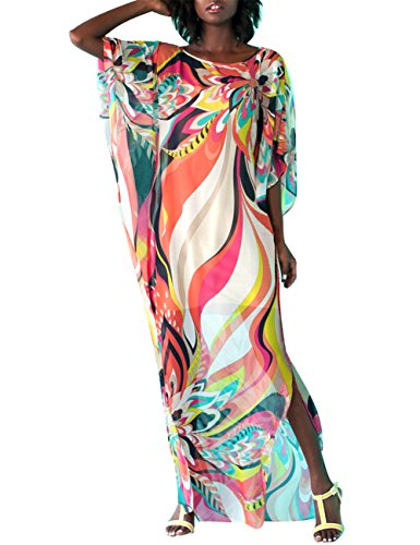 Bsubseach Women's Colorful Floral Print Chiffon Swimwear Turkish Kaftans Swimsuit Cover up Caftan Beach Long Dress