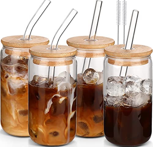 Glass Cups with Lids and Straws 4pcs-DWTS Coffee cups,Drinking glasses set,Glass tumbler with straw and lid gift 2 Cleaning Brushes
