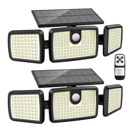 Solar Lights Outdoor, Quick Charge 3 Head Solar Motion Lights Outdoor with 2500LM 232 LEDs High Brightness, Larger Built-in Tempered Glass Solar Panel, Sensitive PIR Motion Inductor (2-Pack)