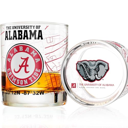 The University Of Alabama Whiskey Glass Set (2 Low Ball Glasses) - Contains Full Color Alabama Logo & Campus Map - Alabama Gift Idea for College Grads & Alumni - College Cocktail Glassware