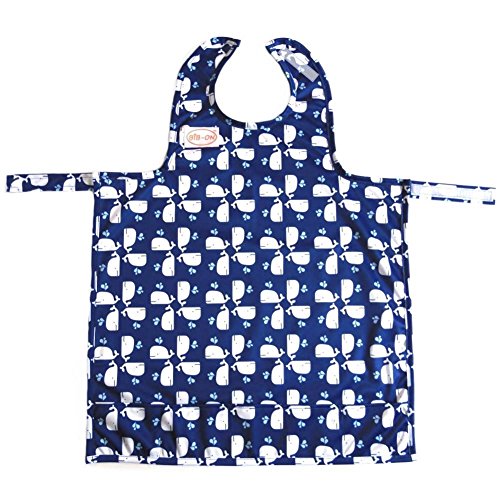 Bib-On, Full-Coverage Bib and Apron Combination for Infant, Baby, Toddler Ages 0-4. (Whales)