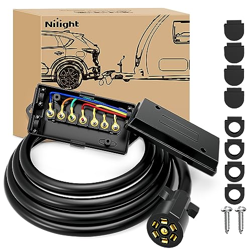 Nilight Heavy Duty 7 Way Inline Trailer Plug with 7 Gang Junction Box - 8 Feet, Trailer Connector Cable Wiring Harness with Weatherproof Junction Box Suitable for RV Automotives Cars,2 Years Warranty