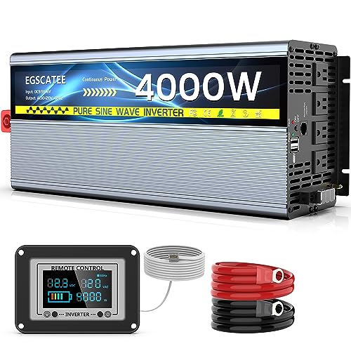 EGSCATEE 4000W Pure Sine Wave Inverter 12V DC to 120V AC Converter for Truck, Home, RV, Peak 8000W Off-Grid Solar Power Inverter with 4 AC Outlets, Dual 3.4A USB Ports, Remote Controller with Screen