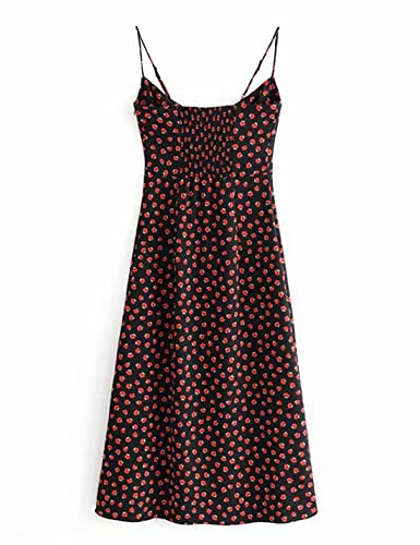 Omoone Women's Floral Dress Low-Cut Square Neck Spaghetti Strap Tie Bodycorn Dresses (02 Black, Small)